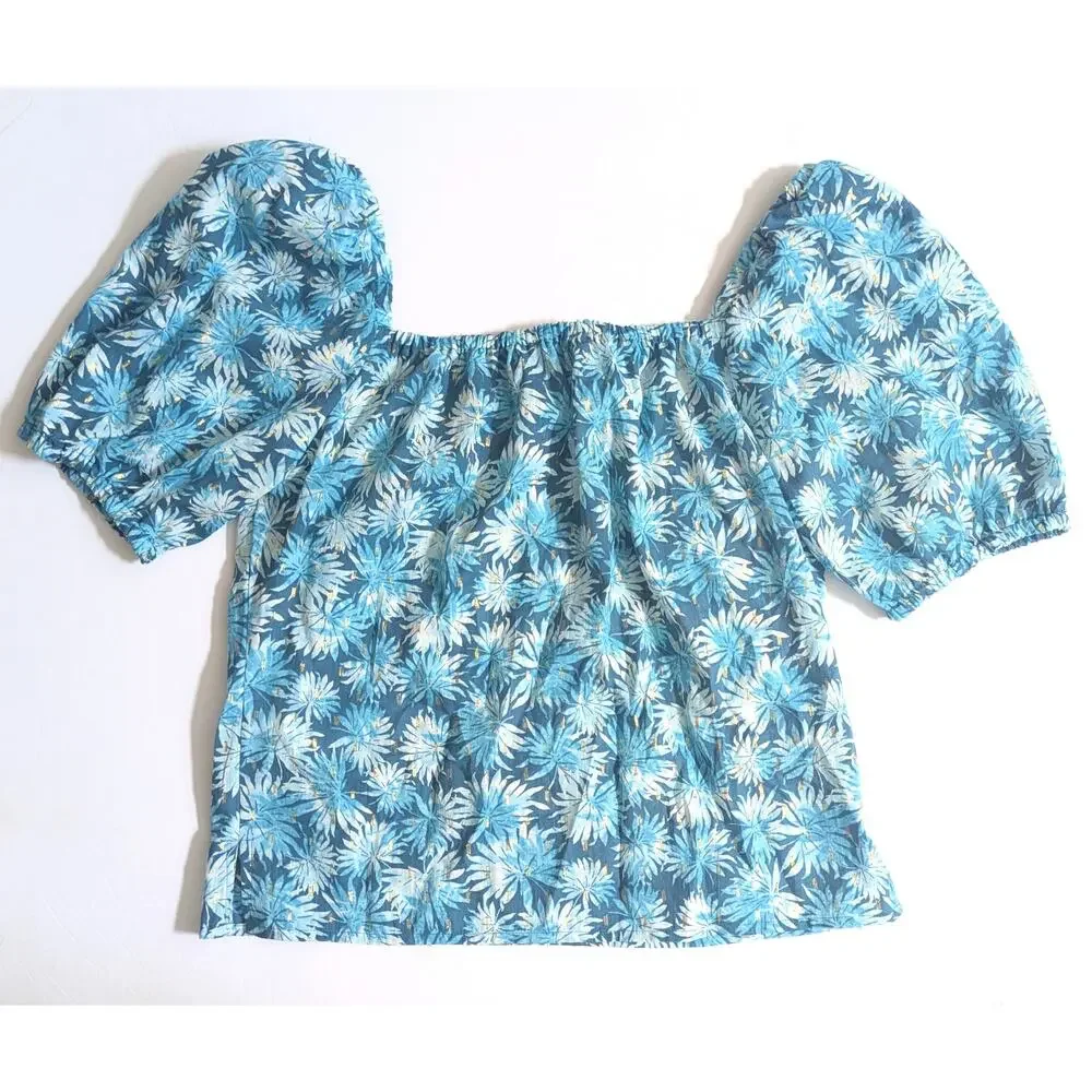Michael Kors Off Shoulder Metallic Teal Floral Blouse | Women's S